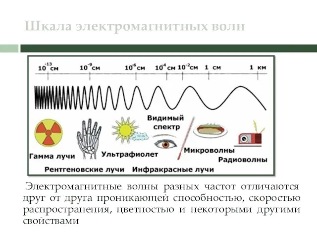 Шкала электромагнитных волн Электромагнитные волны разных частот отличаются друг от друга проникающей