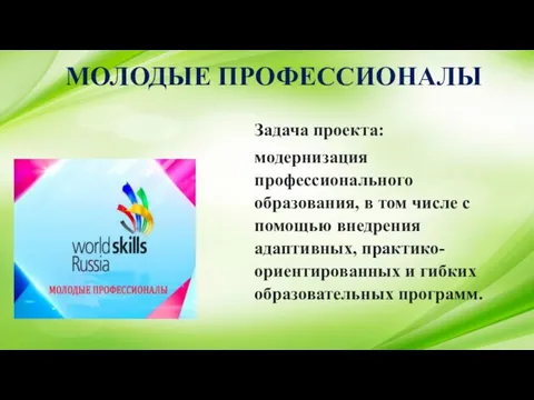 Задача проекта: модернизация профессионального образования, в том числе с помощью внедрения адаптивных,