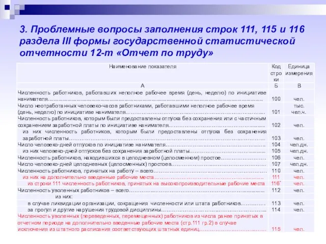 3. Проблемные вопросы заполнения строк 111, 115 и 116 раздела III формы