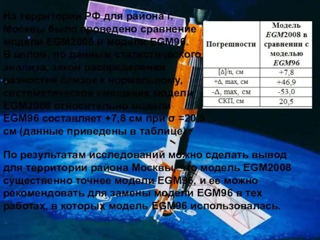 На территории РФ для района г.Москвы было проведено сравнение модели EGM2008 и
