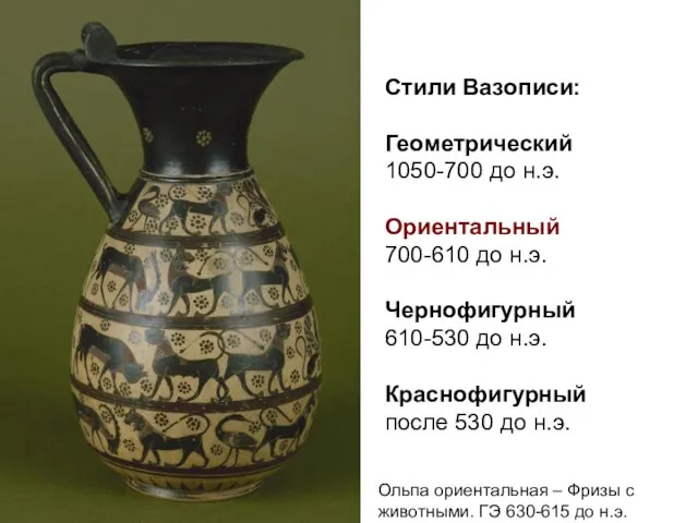 Стили Вазописи: Геометрический 1050-700 до н.э. Ориентальный 700-610 до н.э. Чернофигурный 610-530