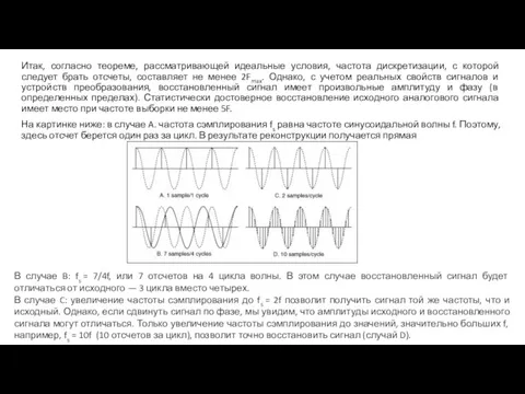 Итак, согласно теореме, рассматривающей идеальные условия, частота дискретизации, с которой следует брать