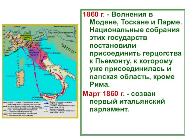 1860 г. - Волнения в Модене, Тоскане и Парме. Национальные собрания этих