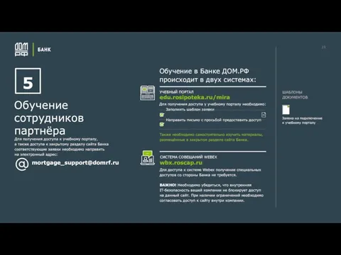 19 5 Обучение сотрудников партнёра mortgage_support@domrf.ru wbx.roscap.ru edu.rosipoteka.ru/mira Заявка на подключение к