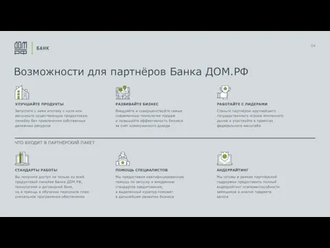 Возможности для партнёров Банка ДОМ.РФ УЛУЧШАЙТЕ ПРОДУКТЫ Запустите с нами ипотеку с