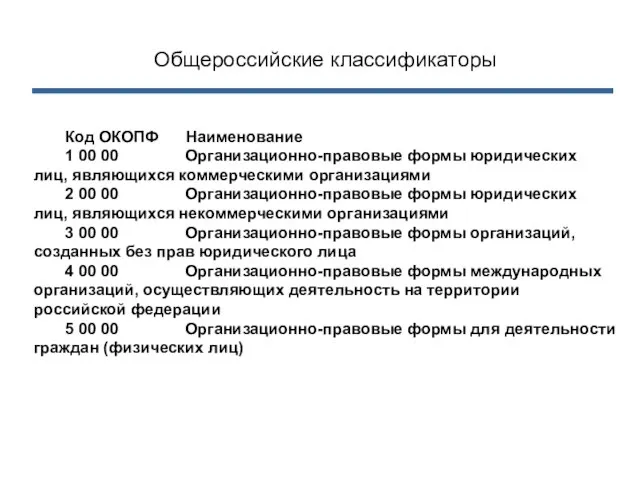 Общероссийские классификаторы Код ОКОПФ Наименование 1 00 00 Организационно-правовые формы юридических лиц,