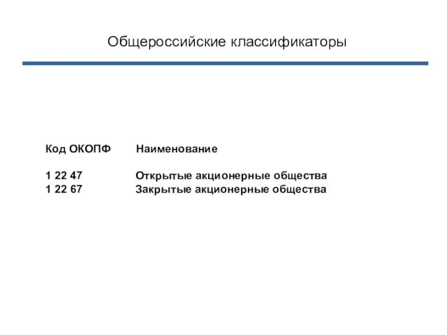 Общероссийские классификаторы Код ОКОПФ Наименование 1 22 47 Открытые акционерные общества 1
