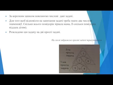 За коротким записом пояснюємо числові дані задачі. Для того щоб відповісти на