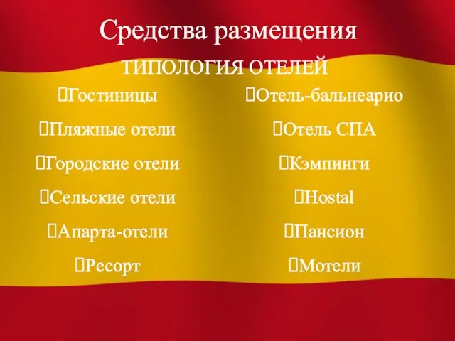 Средства размещения ТИПОЛОГИЯ ОТЕЛЕЙ Гостиницы Пляжные отели Городские отели Сельские отели Апарта-отели