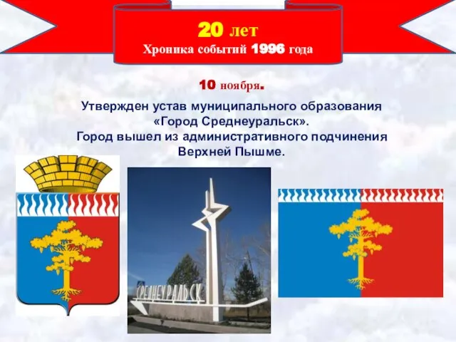 20 лет Хроника событий 1996 года 10 ноября. Утвержден устав муниципального образования