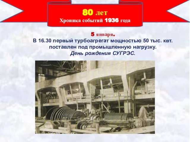 80 лет Хроника событий 1936 года 5 января. В 16.30 первый турбоагрегат