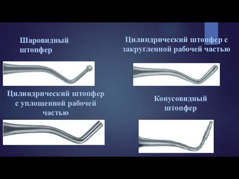 Шаровидный штопфер Цилиндрический штопфер с закругленной рабочей частью Цилиндрический штопфер с уплощенной рабочей частью Конусовидный штопфер