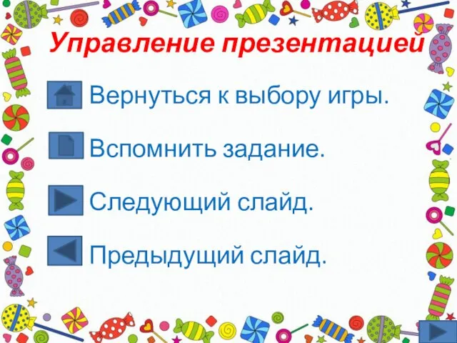 Вернуться к выбору игры. Вспомнить задание. Следующий слайд. Предыдущий слайд. Управление презентацией