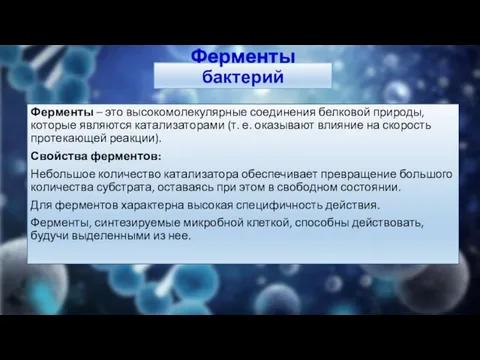 Ферменты бактерий Ферменты – это высокомолекулярные соединения белковой природы, которые являются катализаторами