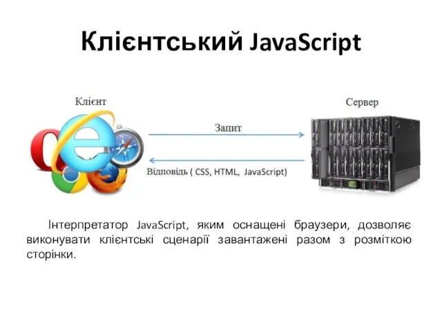 Клієнтський JavaScript Інтерпретатор JavaScript, яким оснащені браузери, дозволяє виконувати клієнтські сценарії завантажені разом з розміткою сторінки.