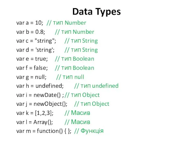 Data Types var a = 10; // тип Number var b =