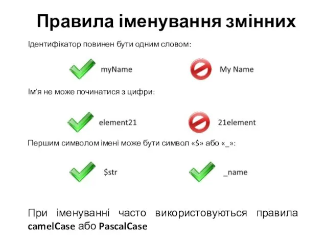 Правила іменування змінних При іменуванні часто використовуються правила camelCase або PascalCase Ідентифікатор