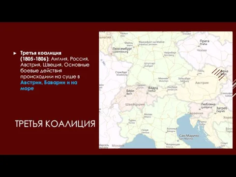 ТРЕТЬЯ КОАЛИЦИЯ Третья коалиция (1805-1806): Англия, Россия, Австрия, Швеция. Основные боевые действия