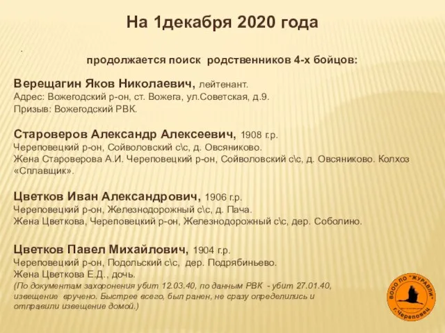 На 1декабря 2020 года продолжается поиск родственников 4-х бойцов: . Верещагин Яков