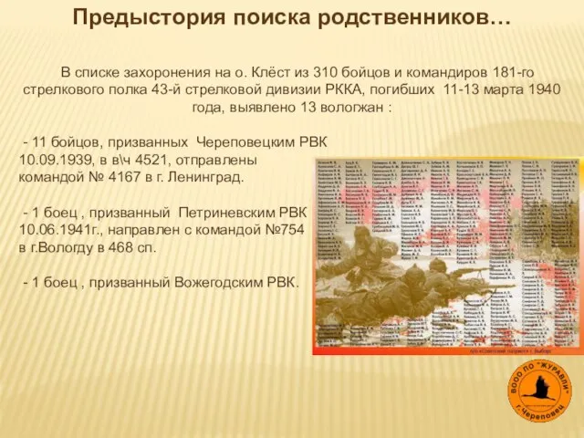 Предыстория поиска родственников… В списке захоронения на о. Клёст из 310 бойцов