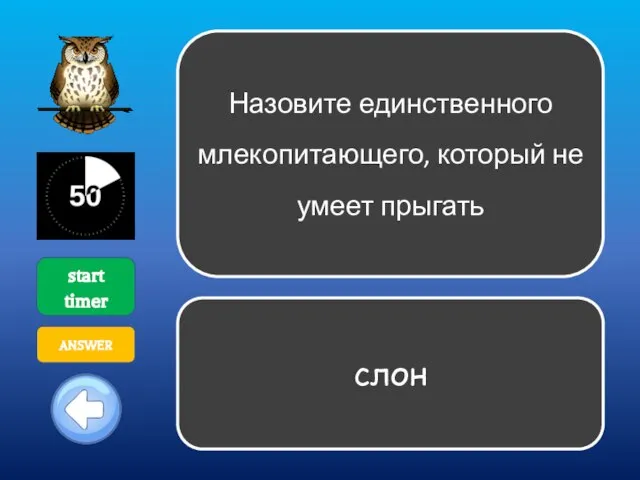 Назовите единственного млекопитающего, который не умеет прыгать start timer ANSWER слон