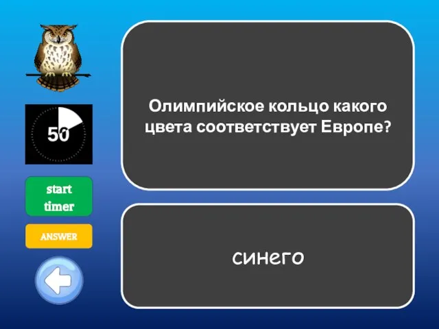 Олимпийское кольцо какого цвета соответствует Европе? start timer ANSWER синего