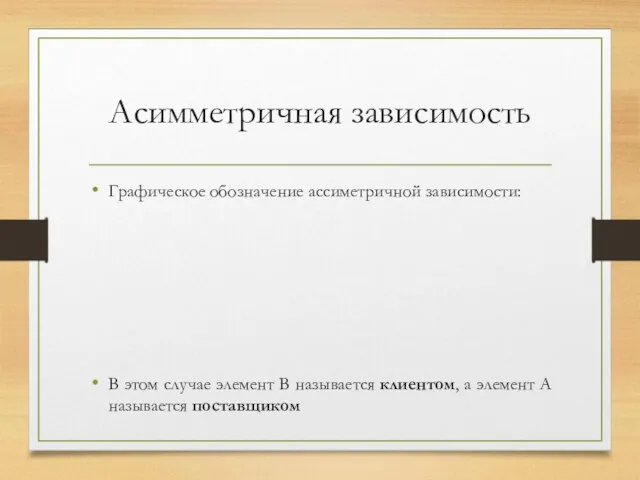 Асимметричная зависимость Графическое обозначение ассиметричной зависимости: В этом случае элемент B называется