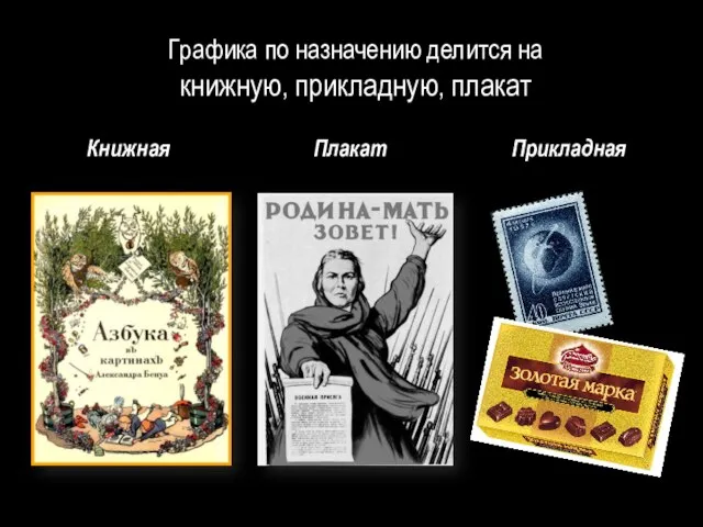 Книжная Плакат Прикладная Графика по назначению делится на книжную, прикладную, плакат