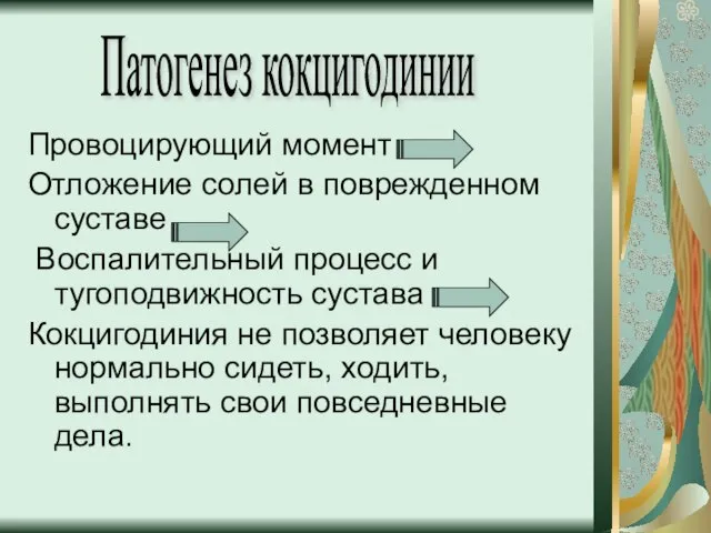 Провоцирующий момент Отложение солей в поврежденном суставе Воспалительный процесс и тугоподвижность сустава