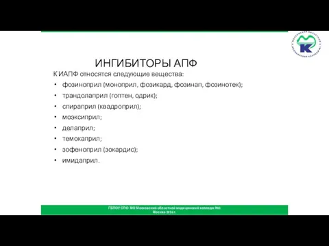 ИНГИБИТОРЫ АПФ К ИАПФ относятся следующие вещества: фозиноприл (моноприл, фозикард, фозинап, фозинотек);