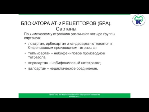 БЛОКАТОРА АТ-2 РЕЦЕПТОРОВ (БРА). Сартаны По химическому строению различают четыре группы сартанов: