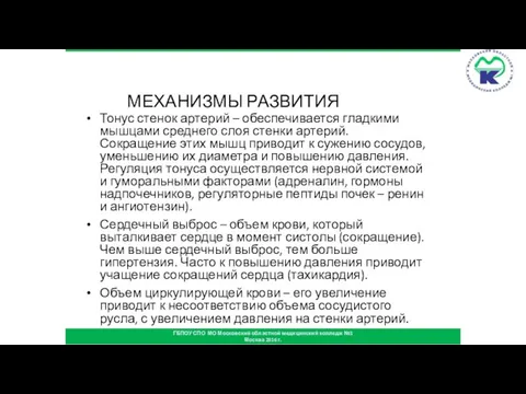 МЕХАНИЗМЫ РАЗВИТИЯ Тонус стенок артерий – обеспечивается гладкими мышцами среднего слоя стенки