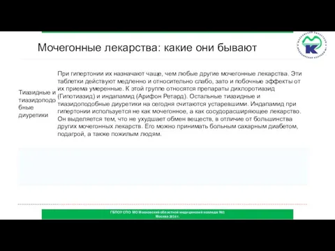 ГБПОУ СПО МО Московский областной медицинский колледж №1 Москва 2016 г. Мочегонные лекарства: какие они бывают