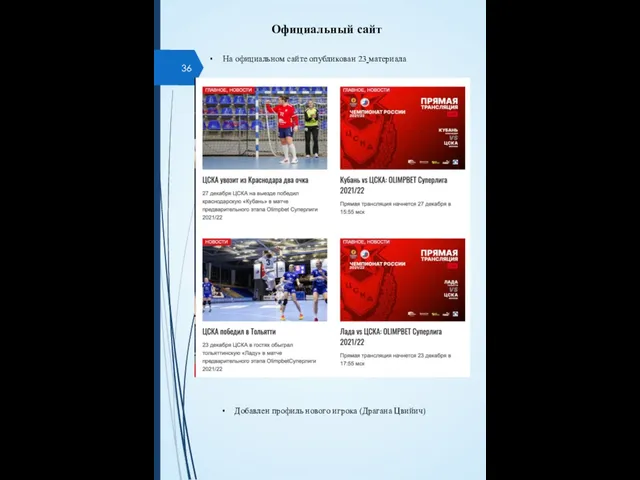 Официальный сайт На официальном сайте опубликован 23 материала Добавлен профиль нового игрока (Драгана Цвийич)