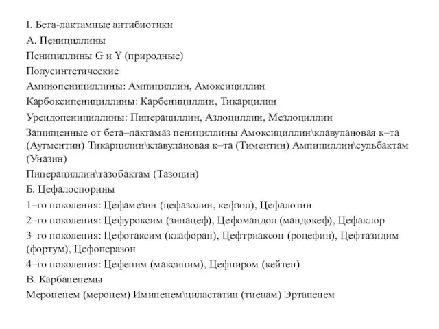 I. Бета-лактамные антибиотики А. Пенициллины Пенициллины G и Y (природные) Полусинтетические Аминопенициллины: