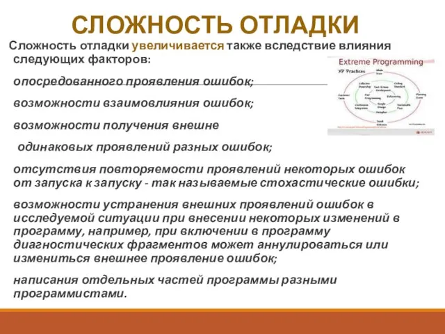 СЛОЖНОСТЬ ОТЛАДКИ Сложность отладки увеличивается также вследствие влияния следующих факторов: опосредованного проявления