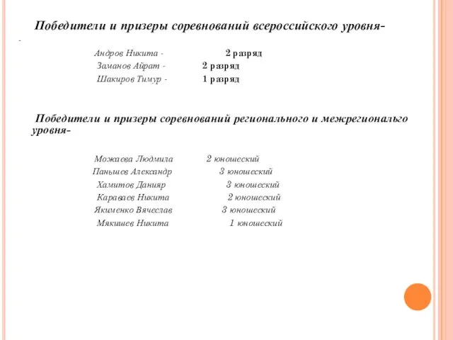 Победители и призеры соревнований всероссийского уровня- - Андров Никита - 2 разряд