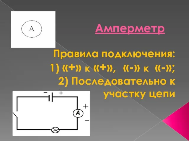 Амперметр Правила подключения: 1) «+» к «+», «-» к «-»; 2) Последовательно к участку цепи