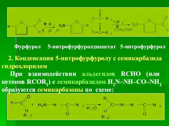 Фурфурол 5-нитрофурфуролдиацетат 5-нитрофурфурол 2. Конденсация 5-нитрофурфуролу с семикарбазида гидрохлоридом При взаимодействии альдегидов