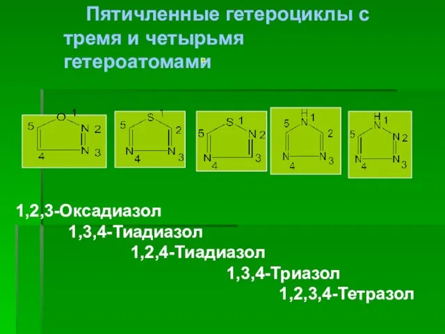 Пятичленные гетероциклы с тремя и четырьмя гетероатомами 1,2,3-Оксадиазол 1,3,4-Тиадиазол 1,2,4-Тиадиазол 1,3,4-Триазол 1,2,3,4-Тетразол