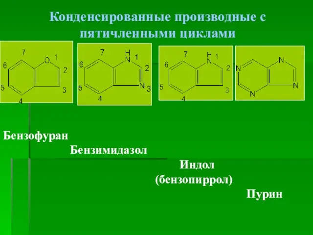 Конденсированные производные с пятичленными циклами Бензофуран Бензимидазол Индол (бензопиррол) Пурин