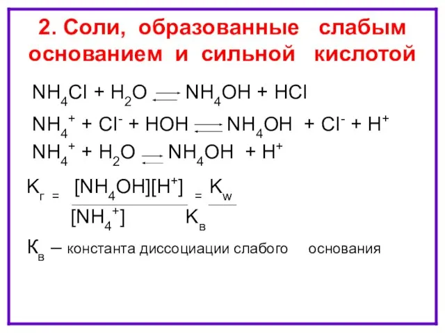 ГИДРОЛИЗ ПО КАТИОНУ NH4CI + H2O NH4OH + HCI NH4+ + CI-