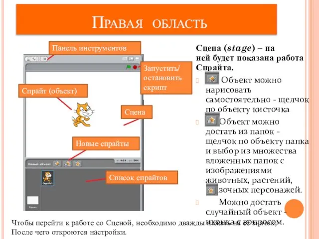 Правая область Сцена (stage) – на ней будет показана работа Спрайта. Объект