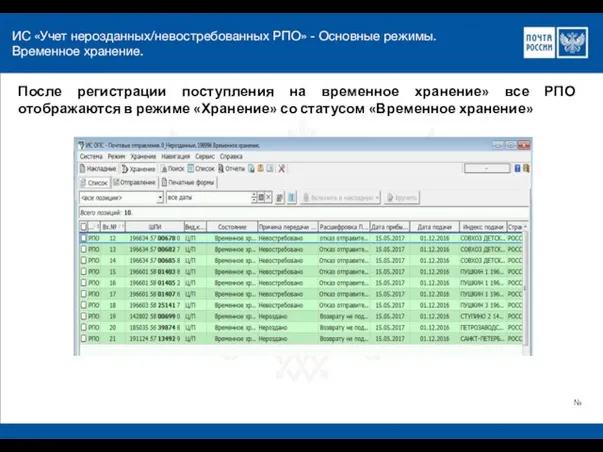 ИС «Учет нерозданных/невостребованных РПО» - Основные режимы. Временное хранение. После регистрации поступления