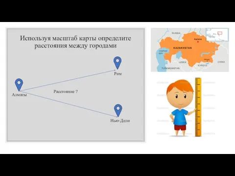 Используя масштаб карты определите расстояния между городами Алматы Рим Нью-Дели Расстояние ?