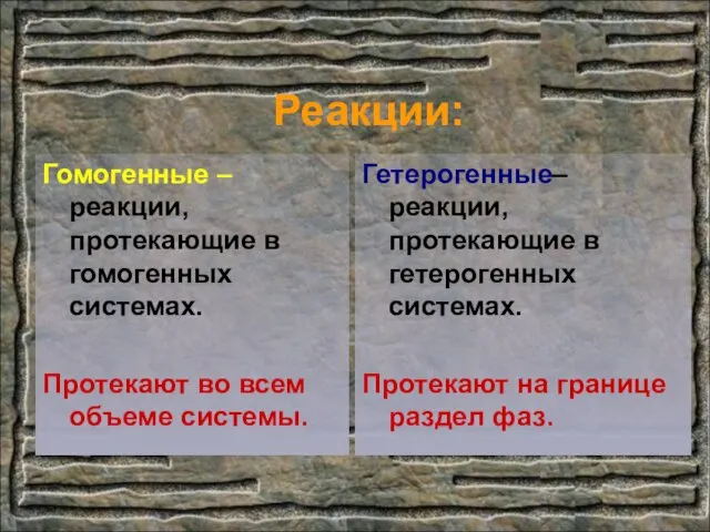 Реакции: Гомогенные – реакции, протекающие в гомогенных системах. Протекают во всем объеме