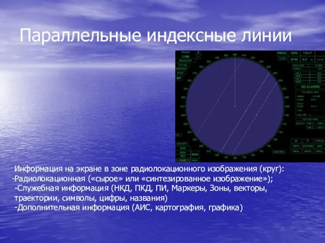 Параллельные индексные линии Информация на экране в зоне радиолокационного изображения (круг): Радиолокационная