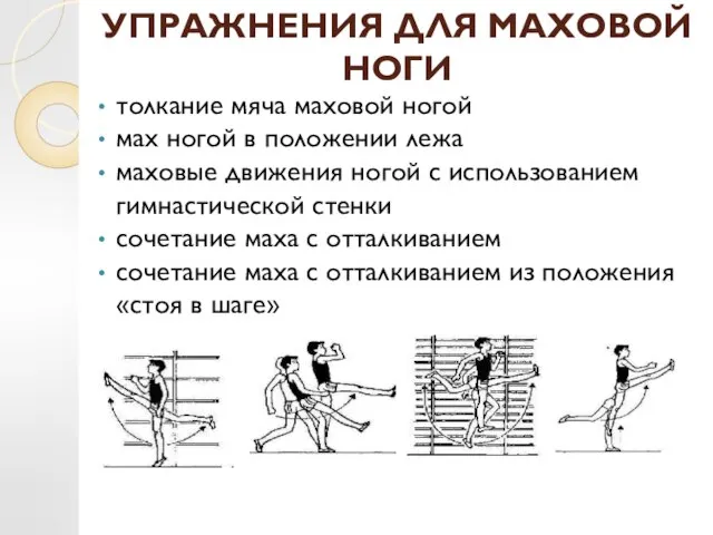 УПРАЖНЕНИЯ ДЛЯ МАХОВОЙ НОГИ толкание мяча маховой ногой мах ногой в положении