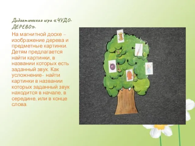 Дидактическая игра «ЧУДО-ДЕРЕВО». На магнитной доске – изображение дерева и предметные картинки.