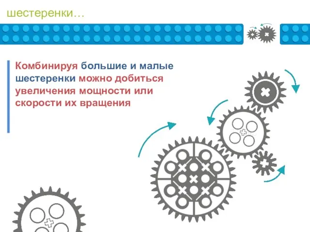 шестеренки… Комбинируя большие и малые шестеренки можно добиться увеличения мощности или скорости их вращения